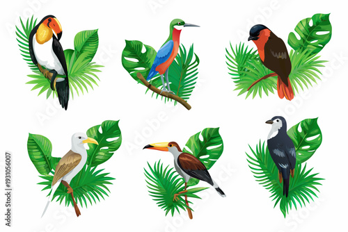 A colorful collection of tropical birds perched among lush foliage