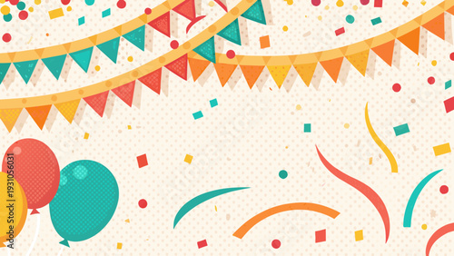 Festive background with colorful balloons confetti and triangle banners
