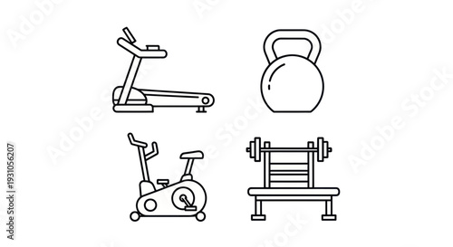 Fitness Equipment Icons: Treadmill, Kettlebell, Exercise Bike, Barbell Rack