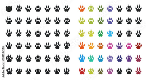 Collection of Colorful and Black Paw Prints Icons, Bear Head Silhouette