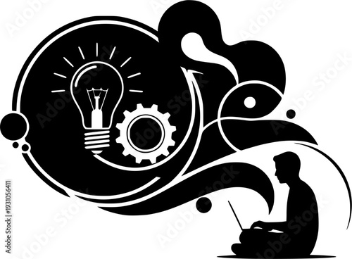 Innovation, remote work, technology, creativity, productivity, planning processes. Circular light bulb icon, gear silhouette and seated person on laptop. Innovation and remote work concept 