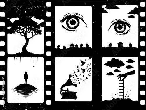 Film strip realistic 3D set. Wavy filmstrip reels ribbon frames and transparent for cinema banners, photography mockups and retro movie design. Vector of glossy negatives for motion isolated layouts