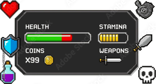 Pixel progress bar. 8bit retro arcade game status indicator, rpg gaming pixelated interface. Health meter, stamina or energy level, weapon and coin symbols. Potion, shield and heart, skull vector set