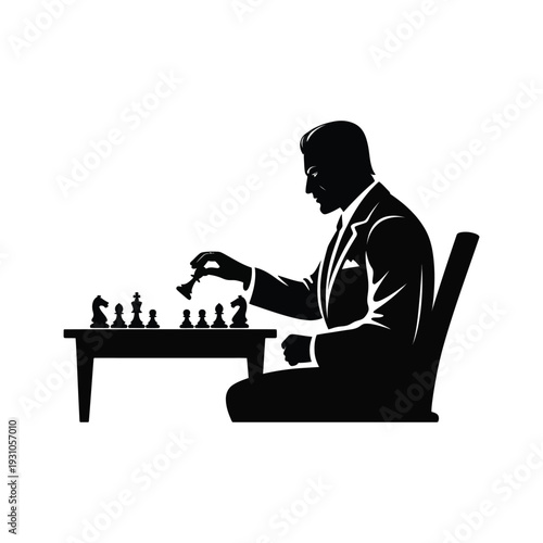 Man in suit concentrating on chess game strategy
