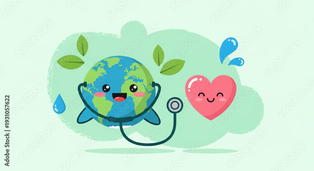 Naklejka premium World Health Day Earth with a stethoscope caring for a happy heart, symbolizing global environmental health, planet wellness, and love for sustainable living