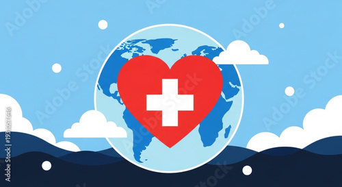 Global Health Initiative Symbolizing Compassion and Care for Humanity with a Heart and Swiss Cross Icon Over a World Map