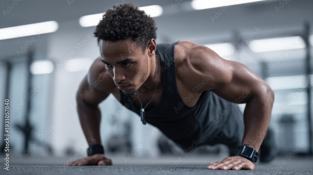 Obraz premium Determined African American man doing push-ups in the gym with focused expression and muscular physique