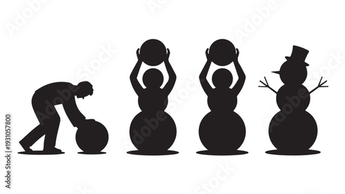 Vector Illustration Of Silhouette People Building Snowman With Large Snowballs For Winter Fun And Teamwork Concept