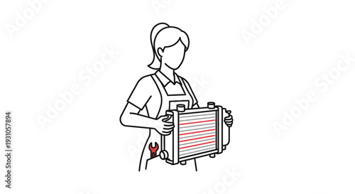 Female Mechanic Holding Car Radiator, Auto Repair Service, Workshop Scene