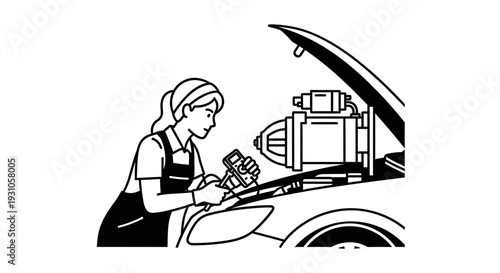 Female mechanic working on car engine, checking fluid levels with a tool