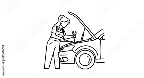 Female Mechanic Working on Car Engine Under Open Hood