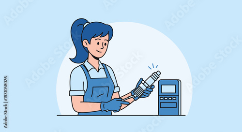 Female technician holding diagnostic tool near control panel, auto repair concept