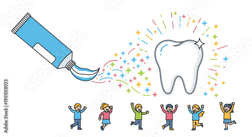 Children celebrating healthy tooth being cleaned with toothpaste from a tube in a vibrant festive scene