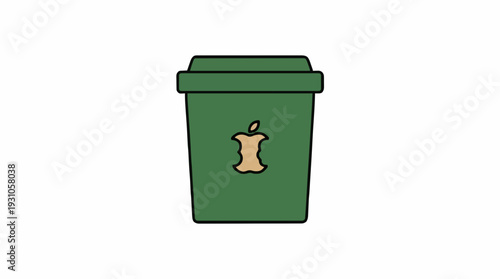 Green compost bin with an apple core symbol on a white background