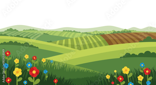 Vibrant Rolling Hills Landscape with Wildflowers and Cultivated Fields