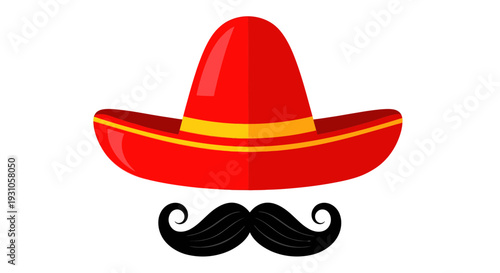 Red Sombrero Hat and Black Moustache Isolated on White Background