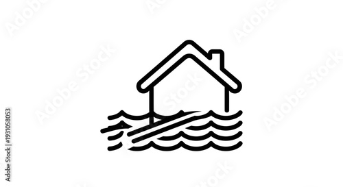 Flood Damaged House Icon, Natural Disaster, Water Damage, Home Insurance Concept