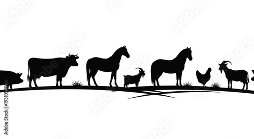 Farm Animal Silhouettes: Cow, Horse, Pig, Chicken, Goat on White Background