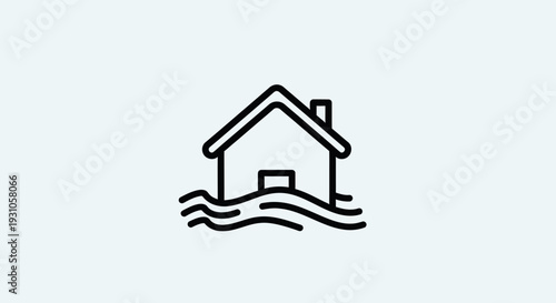 Flood icon: house submerged in water waves, natural disaster concept