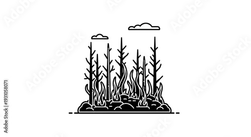Forest Fire Icon: Burning Trees and Flames, Environmental Disaster Symbol