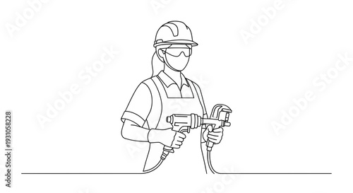 Construction worker with tool, safety gear, hard hat, goggles, gloves, illustration