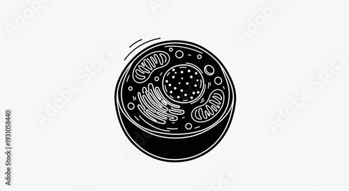 Black and White Illustration of an Animal Cell Diagram with Nucleus and Mitochondria