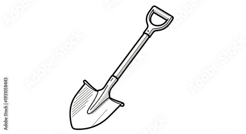 Black and White Illustration of a Garden Shovel, Isolated on White Background