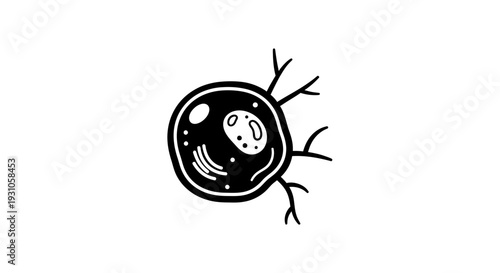 Black and white illustration of a stylized cell with branching structures