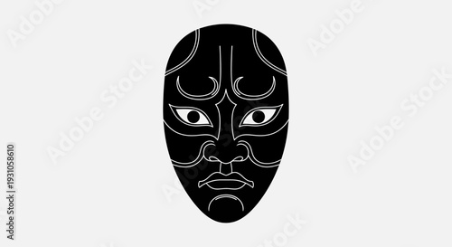 Black Japanese Noh Mask, Traditional Theatre, Expressive Face, White Outline, Isolated