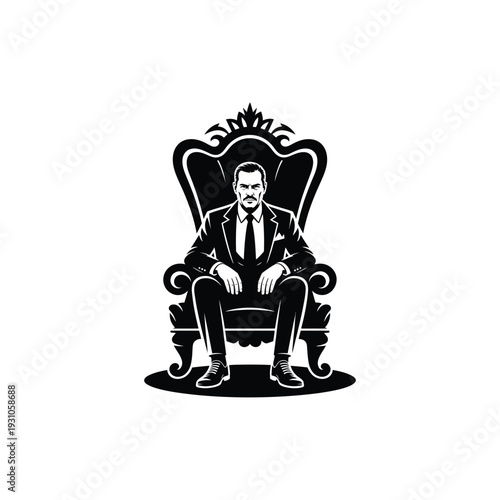 A man in a suit sitting on a large ornate throne chair