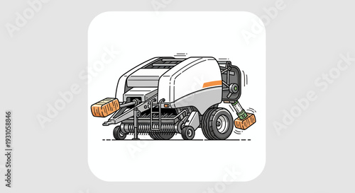 Agricultural baler machine creating hay bales in a field, illustration