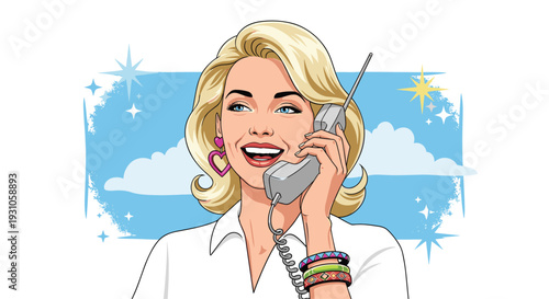 Retro pop art illustration of a beautiful blonde woman smiling while talking on a vintage corded telephone against a blue sky.