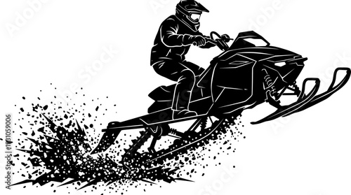 Black silhouette of extreme snowmobile rider wearing full helmet performing high jump with snow spray, dynamic action vector art, sticker design, isolated on white background