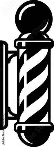 Classic black and white barber pole icon with swirling stripes and top sphere, simple graphic symbol for hair salon service, flat vector art, logo design, isolated on white background
