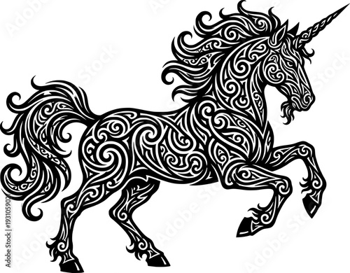 Black heraldic unicorn silhouette with ornate swirling tribal patterns and sharp horn, rearing pose, mythical creature vector art, logo design, isolated on white background