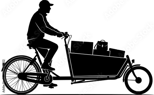 Silhouette of man riding a long john cargo bicycle with large front box for delivery or family transport, clean vector art, isolated on white background