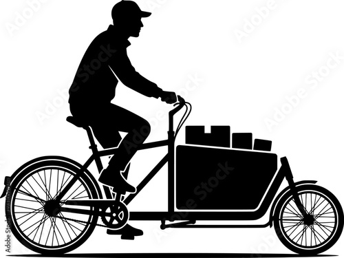 Silhouette of man riding a long john cargo bicycle with large front box for delivery or family transport, clean vector art, isolated on white background