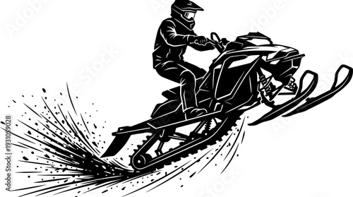 Black silhouette of extreme snowmobile rider wearing full helmet performing high jump with snow spray, dynamic action vector art, sticker design, isolated on white background