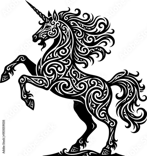 Black heraldic unicorn silhouette with ornate swirling tribal patterns and sharp horn, rearing pose, mythical creature vector art, logo design, isolated on white background
