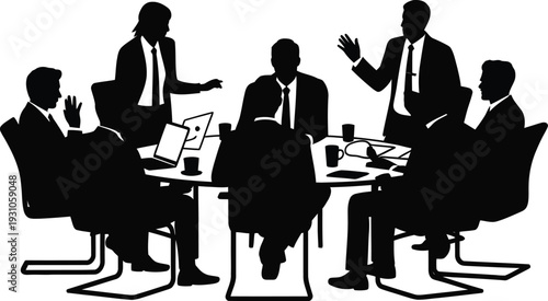 Silhouettes of business people sitting together in an office or cafe setting, working, talking, and enjoying coffee around a table