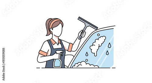 Woman cleaning car windshield with squeegee and spray bottle, car wash service