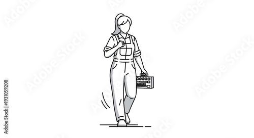 Woman Worker in Overalls Carrying Toolbox, Walking Confidently