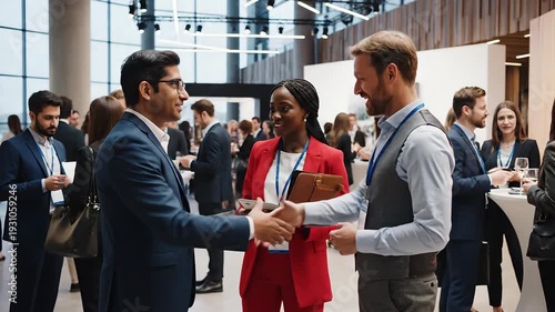 Diverse business professionals engage in lively conversation and networking at a modern corporate event, fostering connections and collaboration in a dynamic conference setting with colleagues and in.