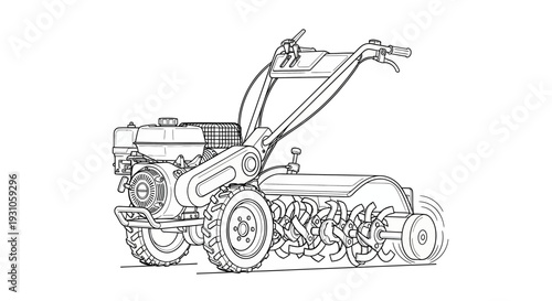 Tiller machine drawing, garden equipment, agricultural tool, farm machinery, line art