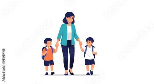 Caring mother walking her two young sons to school while holding their hands on a white background for a back to school concept.