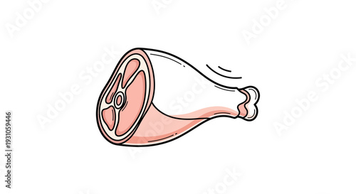 Raw Ham Hock Leg, Isolated on White Background, Hand-Drawn Sketch Style