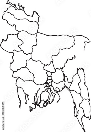 Black outline of bangladesh map with irregular border shapes, capturing the geographical contour of the country.