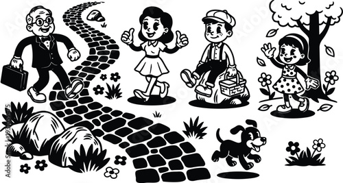 Retro cartoon vector close up children walking on cobblestone path with businessman and picnicking boy dog playful vintage ink illustration