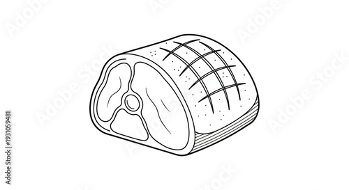 Raw Pork Roast with Score Marks, Isolated on White Background, Line Art