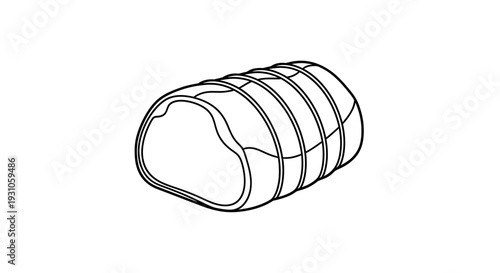 Raw Rolled Roast Beef, Tied with Butcher's Twine, Isolated on White Background, Line Art